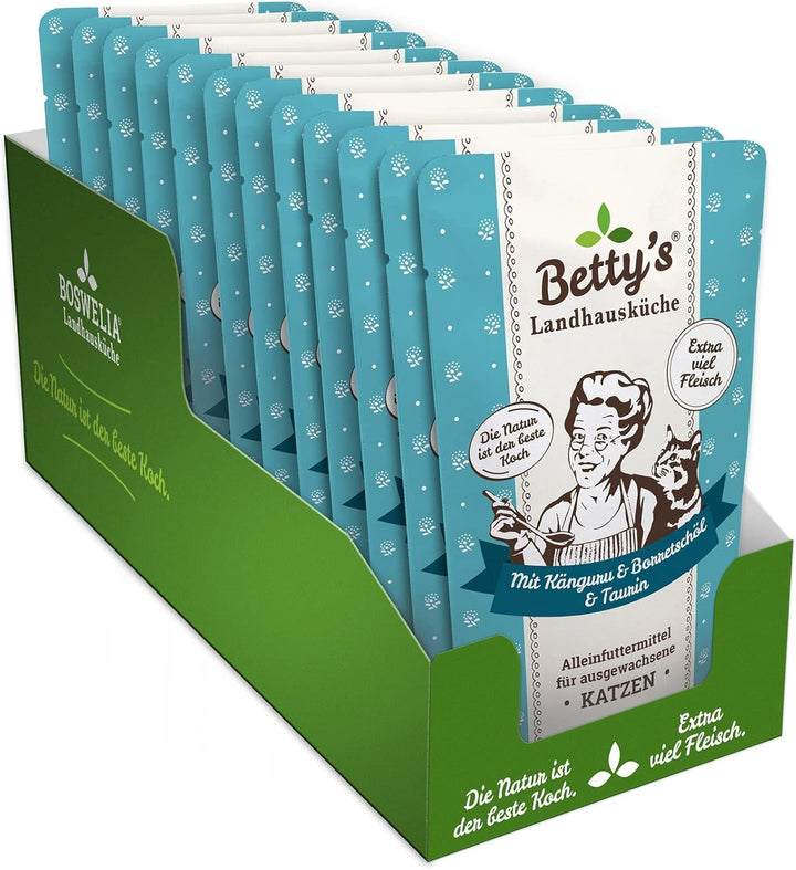 Betty'S Landhausküche Fresh Pouches Wet Food Cat, Kangaroo With Borage Oil 12 X 100G, fără cereale, de cea mai bună calitate, carne de înaltă calitate, gătită ușor, biodisponibilitate ridicată
