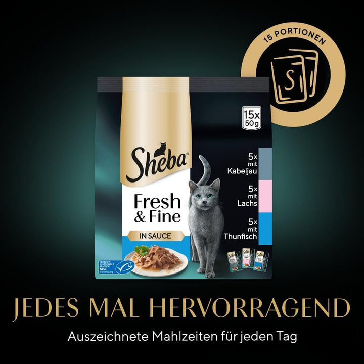 Sheba Fresh & Fine Multipack pungă porție 3 varietăți cod, somon, ton în sos MSC 5X15X50G