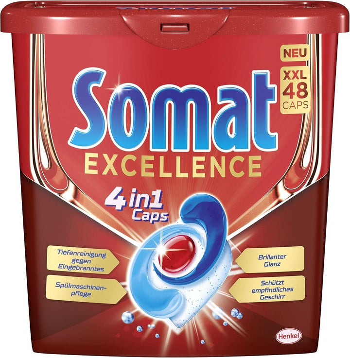 Somat Excellence 4In1 Caps (141 Caps), File pentru mașina de spălat vase cu dizolvare rapidă Detergenti Bucatarie Naty Shop 830.4 grame Lamaie