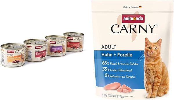 Hrană umedă pentru pisici adulte, varianta savuroasă, 12 X 200 G + Hrană uscată Carny, fără zahăr și fără cereale - cu pui + păstrăv, 1 X 350 G