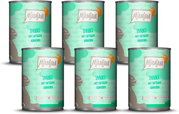 Mjamjam - Hrană umedă premium pentru pisici - Insect cu pui suculent, pachet de 6 (6 X 400 G), fără cereale cu proteine de insecte