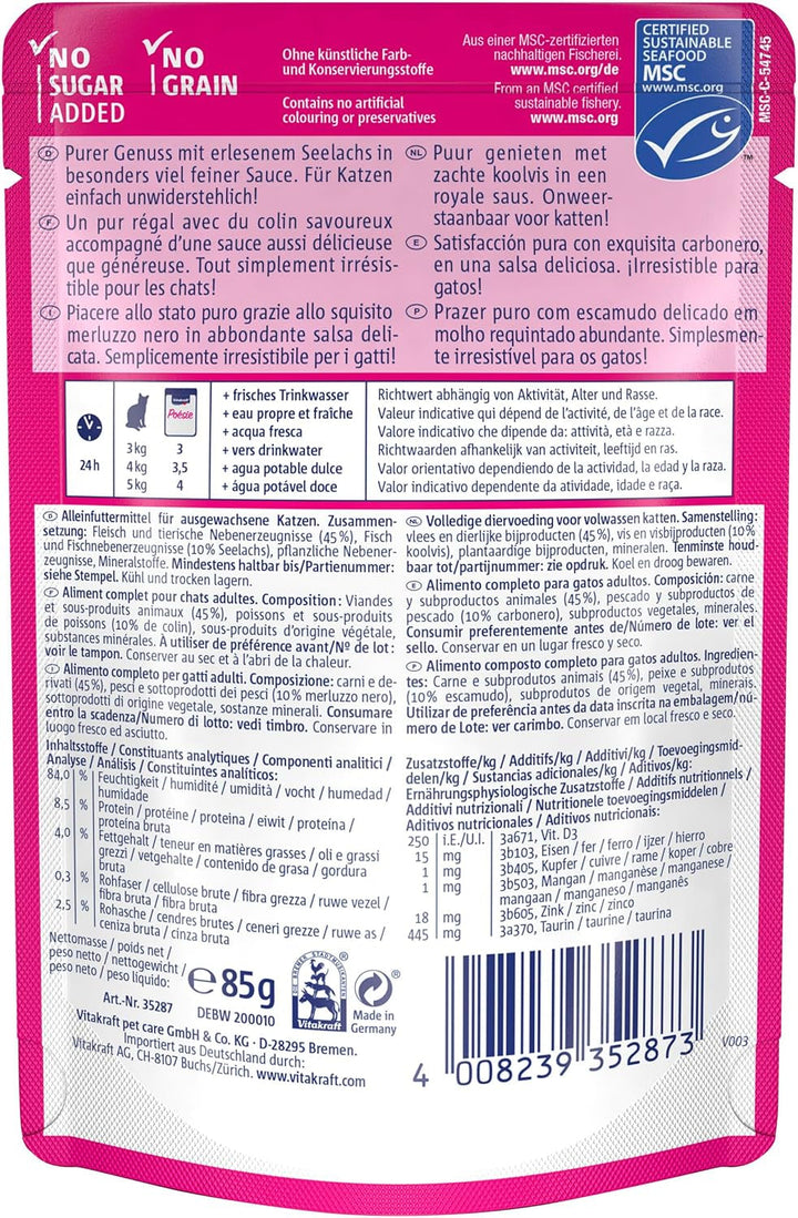 Vitakraft Poésie Délice, hrană umedă pentru pisici, hrană umedă pentru pisici în sos, cu pollock, preambalată, fără adaos de zahăr și cereale (23X 85G)