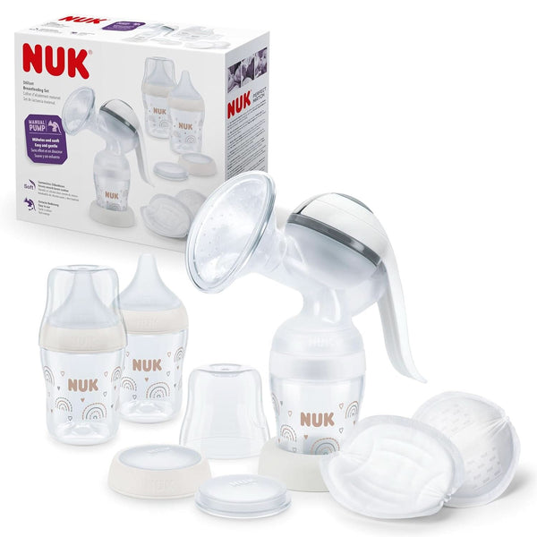 Set pompa de san manuala NUK, Pernă moale din silicon, 2 biberoane perfect combinate, 150 ml Accesorii Hrana si Alaptare Bebe Naty Shop Handmilchpumpe Set