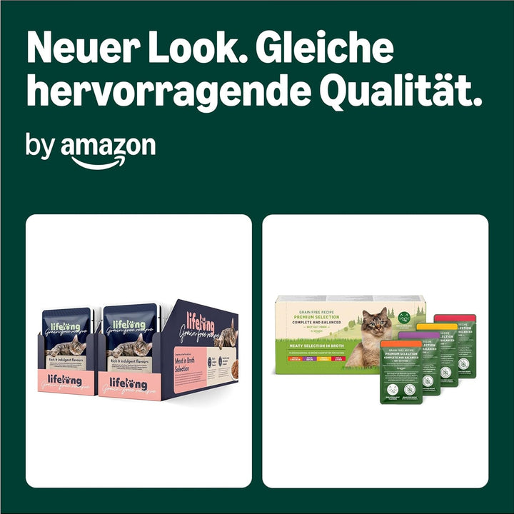 By Amazon Hrană pentru pisici, umedă, fără cereale, pentru pisici adulte Meat Choice în bulion, 4,76 Kg, 56 de pachete cu 85G (înainte de Lifelong)