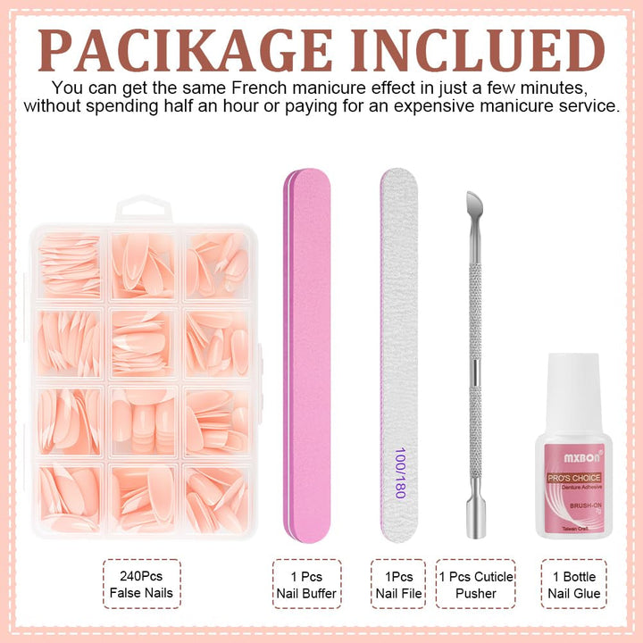 Set de 240 de vârfuri pentru unghii false, unghii false franțuzești pentru lipit, set de unghii franțuzești cu presă, 12 mărimi, unghii false cu lipici pentru femei și bărbați (alb nud mediu migdală)
