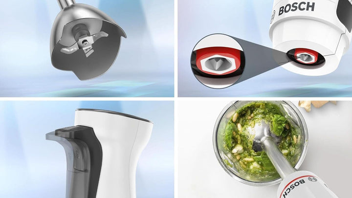 Bosch Stabmixer Ergomaster Serie 4 MSM4W220, Zerkleinerer, Einhändig Bedienbar, Edelstahl-Klingen, Verschleißfreie Keramik-Kupplung, Mixbecher, Quattroblade, Antisplash, Einschaltsperre, 600 W, Weiß Mama si Copilul Naty Shop