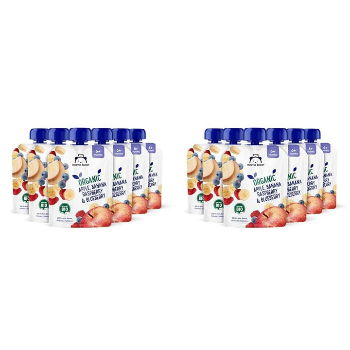 Mama Bear, piure organic diferite fructe, set 6 x 90 grame Mama si Copilul Naty Shop 12 x 90 grame Mere, banane, afine și zmeură