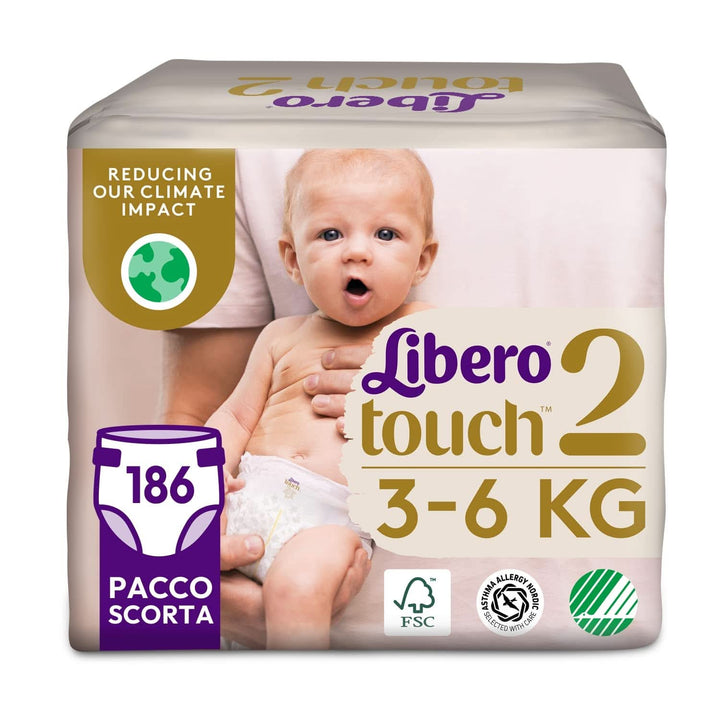 Libero, Scutece Touch Open pentru copii, 186 scutece Mărimea 2 pentru copii de la 3-6 Kg, 3 pachete de 62 scutece de unică folosință Mama si Copilul Naty Shop