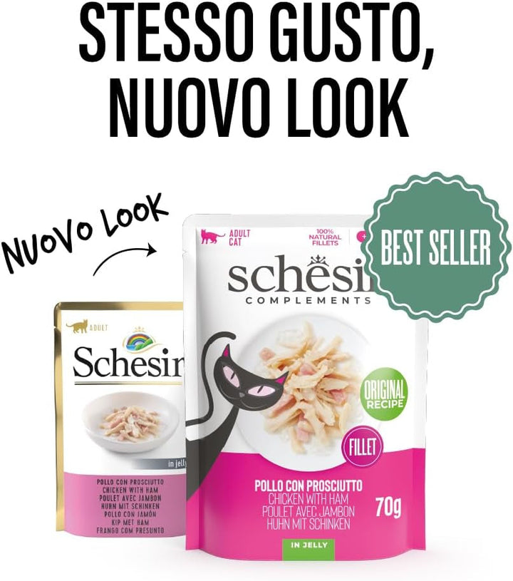 , File de pui cu șuncă în jeleu, Hrană umedă complementară pentru pisici, Rețetă originală, 100% naturală, 12 pungi a câte 70 g
