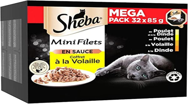 SHEBA Mini Nets în sos, selecție cu pasăre, boluri pentru pisici adulte, 4 arome, Mega Pack, 32 X 85 G