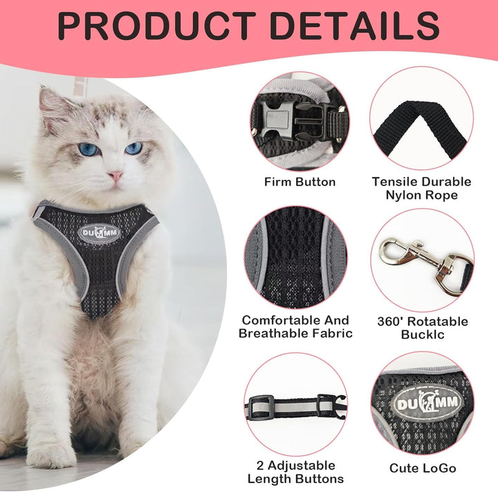 Ham pentru pisici cu lesă rezistentă la evadare, ham reglabil pentru pisici, ham pentru pisici cu căptușeală moale și plasă respirabilă cu reflectorizant pentru antrenament în aer liber (negru XXS)
