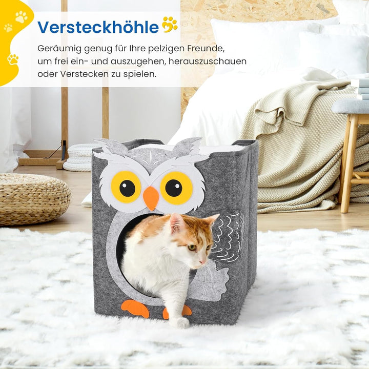 Dripex Peșteră pentru Pisici, Căsuță din Fetru cu 2 Niveluri, Inclusiv Pernă, Peșteră Pufoasă pentru Pisici, unde pot Dormi, Se Ascunde și Se Joacă, 30 x 35 x 35 cm (Bufniță)