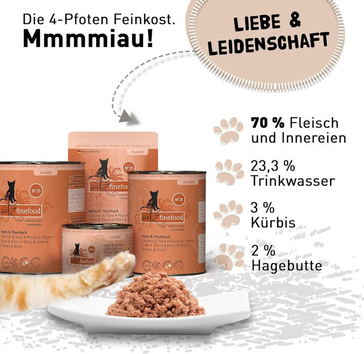 Catz Finefood N° 25 Chicken & Tuna Deli Hrană umedă pentru pisici, rafinată cu dovleac și măceșe, pungă de 16 X 85G