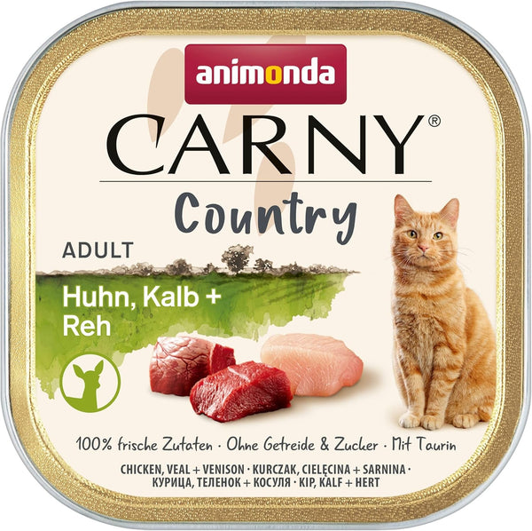 Carny Country Cat Food Wet Chicken + Veal + Venison (32 X 100G), hrană umedă pentru pisici de la Animonda fără cereale și zahăr, cu ingrediente din carne proaspătă