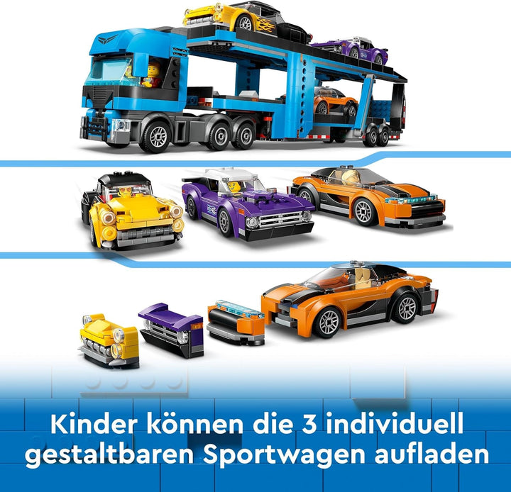 LEGO City Car Transporter cu mașină sport, set de 4 mașini de jucărie pentru băieți și fete de la 7 ani, cadou de Crăciun sau aniversare, 4 minifigurine pentru jocuri de rol 60408 Seturi de constructie Besuche den LEGO-Store