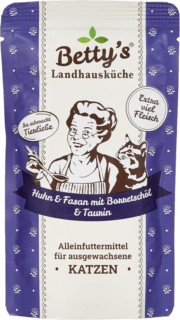 Betty'S Landhausküche Fresh Pouches Wet Food Cat, Kangaroo With Borage Oil 12 X 100G, fără cereale, de cea mai bună calitate, carne de înaltă calitate, gătită ușor, biodisponibilitate ridicată