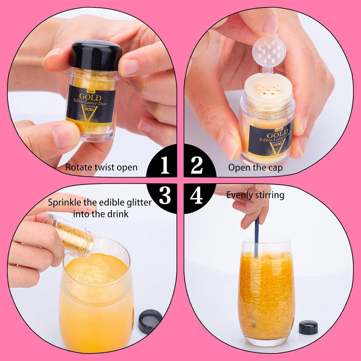 Sclipici comestibil cu sclipici - Pudră cu sclipici comestibilă în 4 culori, praf cu sclipici pentru băuturi, mâncare, prăjituri - Pudră colorantă alimentară metalică comestibilă pentru copt, cocktailuri - 5G / sticlă