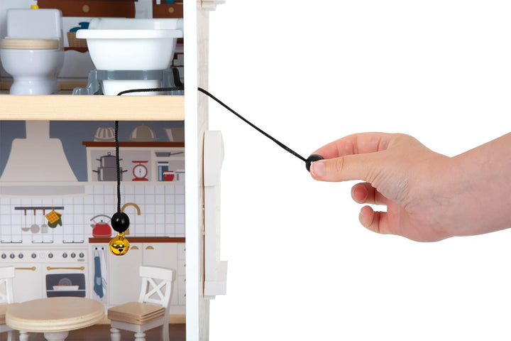 Casă de păpuși Small Foot Vilă de oraș din lemn, cu 3 etaje, față deschisă și 12 mobilier, pentru copii de la 3 ani, 11802, alb gri Casute de papusi Naty Shop