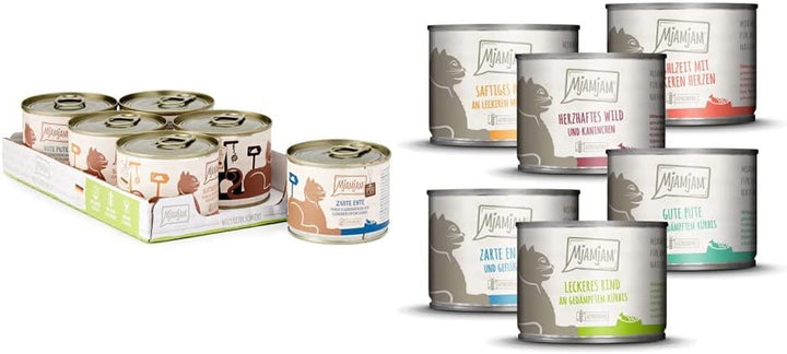 Mjamjam - Hrană umedă premium pentru pisici - Mixpack 5 - Deliciu de carne pură, pachet de 6 (6 X 200 G) & - Hrană umedă premium pentru pisici - Mixpack 3 - vânat și iepure, curcan, rață și păsări de curte, (6 X 200 G)