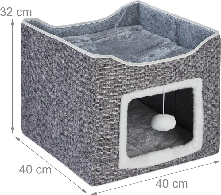 Peșteră Relaxdays pentru pisici, ÎxLxA: 32 x 40 x 40 cm, Zonă de zgâriat, Jucărie pentru pisici, 2 perne pentru pisici, Căsuță pliabilă pentru pisici, Gri