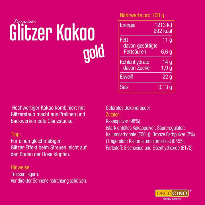 DECOCINO Glitter Cocoa Gold, Pudră de cacao de înaltă calitate cu glitter, 100 grame Naty Shop