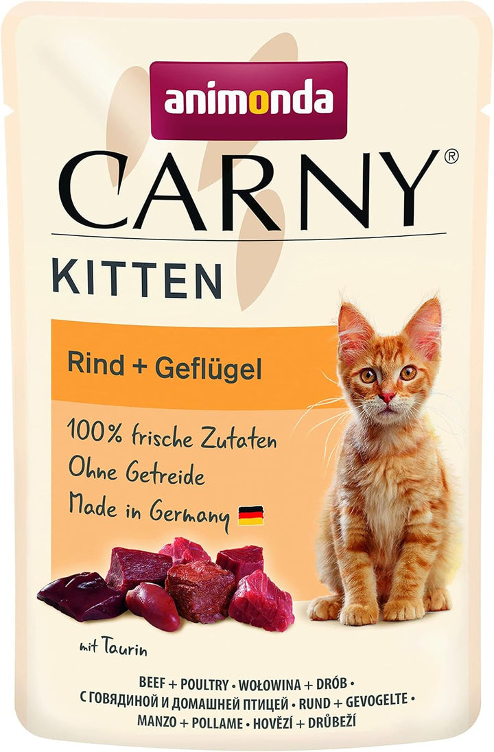 Animonda Carny Kitten Beef, Veal + Chicken (12 X 85 G), hrană umedă pentru pisoi în creștere, hrană pentru pisici fără cereale și zahăr, hrană umedă pentru pisici cu 100% ingrediente proaspete