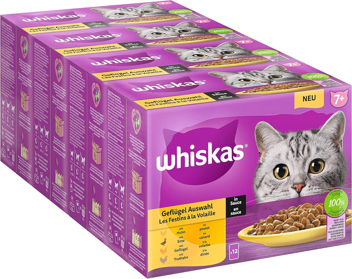 Whiskas Senior 7+ Hrană umedă pentru pisici Mixed Selection in Sauce, 48 de pliculețe, 12X85G (pachet de 4) - Hrană umedă de înaltă calitate, pentru pisici de 7 ani și mai în vârstă