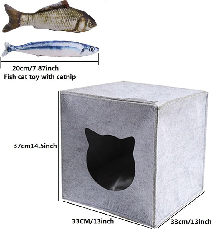Peșteră pliabilă pentru pisici cu jucărie - Pat pentru pisici pentru dormit, ascundere, joacă și zgâriat, 33 x 33 x 37 cm, pentru rafturi IKEA și Kallax, cu jucărie pește, jucărie catnip