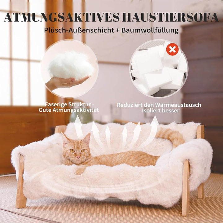 Pat ridicat pentru pisici, din lemn de fag, canapea mare pentru pisici de 70 x 47 cm, scaun pentru pisici cu pătură de pluș detașabilă și lavabilă (umplutură din bumbac), capacitate de încărcare 15 kg, pentru dormitul tuturor pisicilor