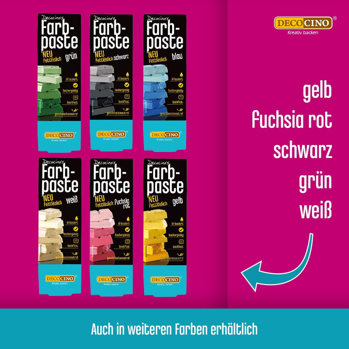 Decocino Pastă de colorare liposolubilă Set de 6 – 6 x 15 g – Coloranți alimentari în roșu, alb, verde, galben, albastru și negru, ideali pentru colorarea prăjiturilor, fondantului și cremelor – Fără azo și gluten