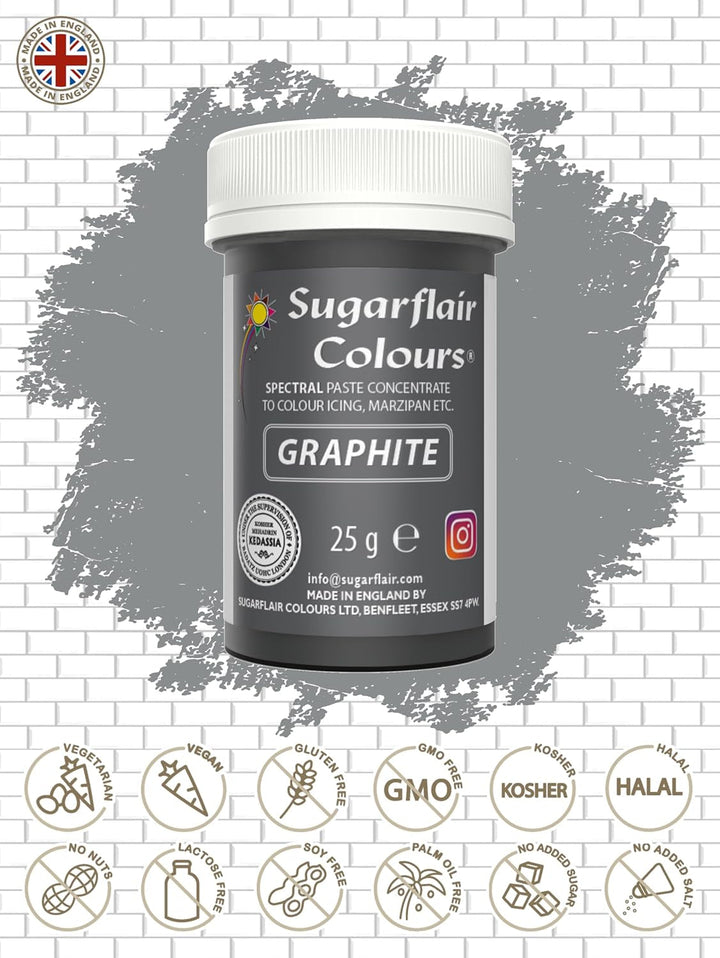 Pastă de colorant alimentar Sugarflair Grafit, colorant alimentar spectral concentrat pentru cremă de unt, pastă de zahăr, glazură, mixuri pentru prăjituri, macarons și multe altele! - 25g