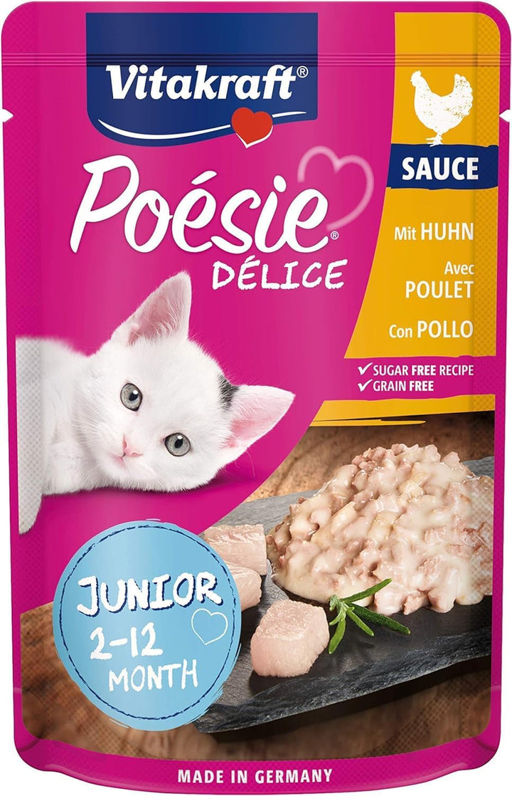 Vitakraft Poésie Délice, Junior, hrană umedă pentru pisici, hrană umedă în sos, cu pui, pentru pisici tinere, fără adaos de zahăr și cereale (1X 85G)