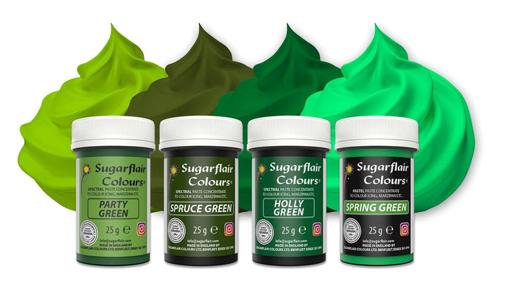 Coloranți alimentari Sugarflair pentru paste, verde, set de 4, coloranți alimentari pentru paste, fondant, marțipan, pastă de zahăr, cremă de unt și multe altele: verde ilex, verde primăvară, verde molid, verde petrecere - set de 4