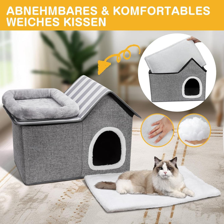 Pat pentru pisici Zvonema, Peșteră pentru pisici, Pat lavabil pentru câini, Pat pliabil 2 în 1 pentru animale de companie, Casă pentru pisici de interior cu pernă detașabilă din pluș, Îmbunătățește somnul, Casă pentru pisici de exterior, pentru căței