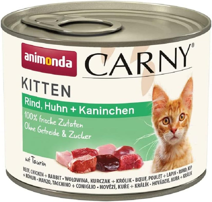 Animonda Carny Kitten Beef, Veal + Chicken (12 X 85 G), hrană umedă pentru pisoi în creștere, hrană pentru pisici fără cereale și zahăr, hrană umedă pentru pisici cu 100% ingrediente proaspete