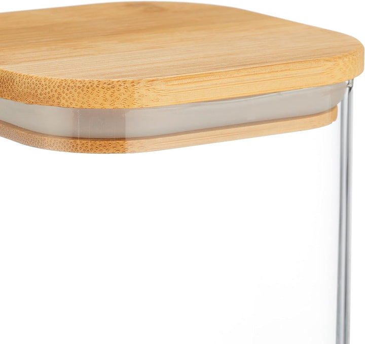 Borcane de depozitare Relaxdays cu capace din bambus, set de 3, borcane pătrate din sticlă, 900 ml, etanșe, transparente/naturale Cutii depozitare alimente Naty Shop