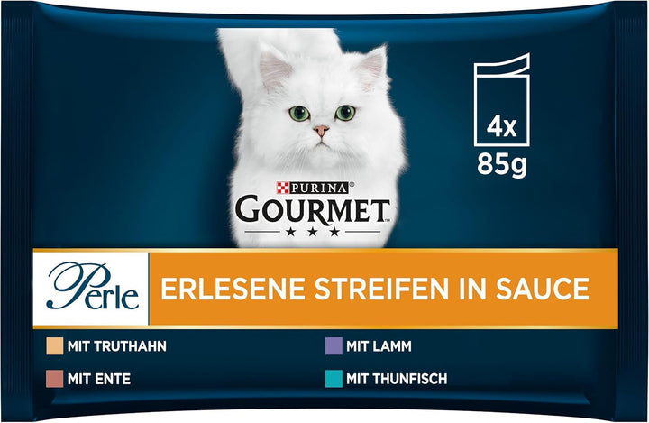 Gourmet Perle Exquisite Strips Hrană umedă pentru pisici, Variety Mix, pachet de 12 (12 X 4 pungi a 85G)