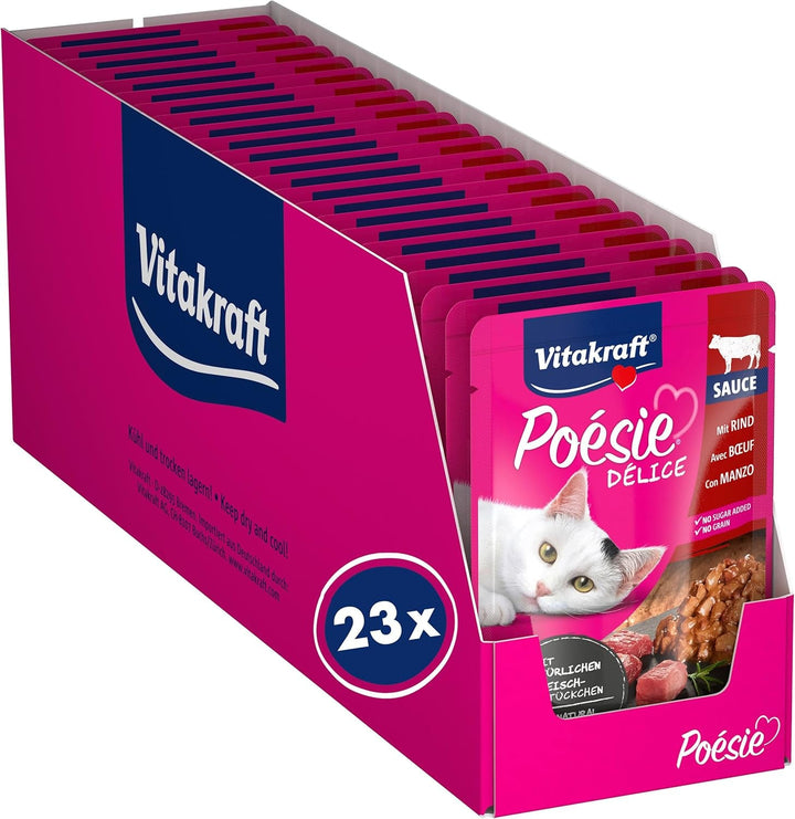 Vitakraft Poésie Délice, hrană umedă pentru pisici, hrană umedă pentru pisici în sos, cu carne de vită, preambalată, fără adaos de zahăr și cereale (23X 85G)