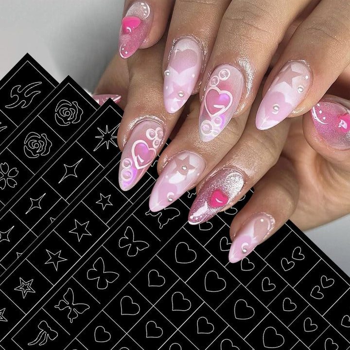 6 foi șablon aerograf unghii autocolante, fluture flacără stele inimă stele unghii autocolante imprimare șablon instrument unghii autocolante autoadezive pentru femei unghii autocolante design unghii artă