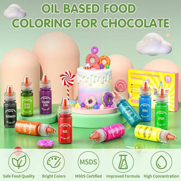 Colorant alimentar liposolubil, 10 culori colorant alimentar pe bază de ulei pentru decorarea tortului de ciocolată, set de coloranți alimentari foarte concentrați pentru fondant, cupcake, copt, colorant alimentar - 6 ml fiecare