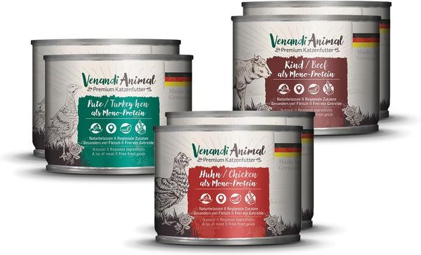 Venandi Animal - Hrană umedă premium pentru pisici, tasting pack I, pui, curcan, vită, 6 X 200 G (6-pack), fără cereale și naturală