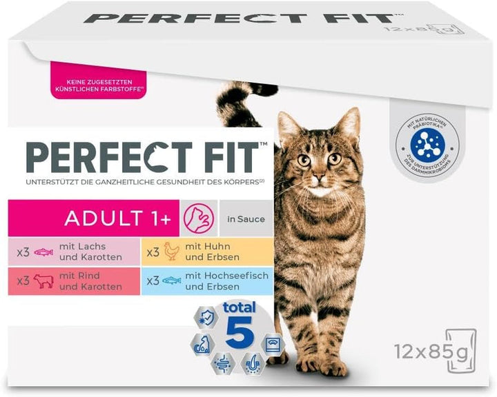Perfect Fit Adult 1+ Wet Cat Food Selection With Salmon, Ocean Fish, Beef And Chicken, 48 plicuri, 12X85G (pachet de 4) - Hrană umedă premium pentru pisici, pentru pisici adulte de peste 1 an