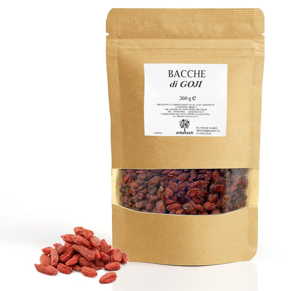 ERBOTECH Goji Berries 200 g, goji berries cu conținut ridicat de vitamine, fructe uscate fără zahăr și sulf, superalimente naturale și bogate în energie, Made in Italy Produse deshidratate Naty Shop 200 G