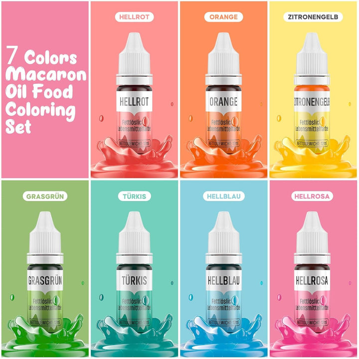 Colorant alimentar liposolubil 7 culori Macaron x 12 ml, colorant alimentar foarte concentrat pe bază de ulei pentru ciocolată, colorant alimentar pentru decorarea torturilor, brioșe, copt, glazură, fondant