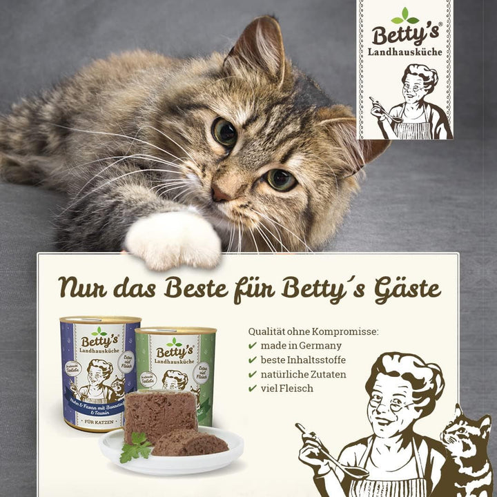 Betty'S Landhausküche Fresh Pouches Wet Food Cat, Kangaroo With Borage Oil 12 X 100G, fără cereale, de cea mai bună calitate, carne de înaltă calitate, gătită ușor, biodisponibilitate ridicată