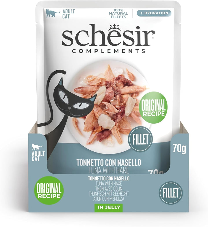 , File de ton cu merluciu în jeleu, Hrană umedă complementară pentru pisici, Rețetă originală, 100% naturală, 12 pungi a câte 70 g