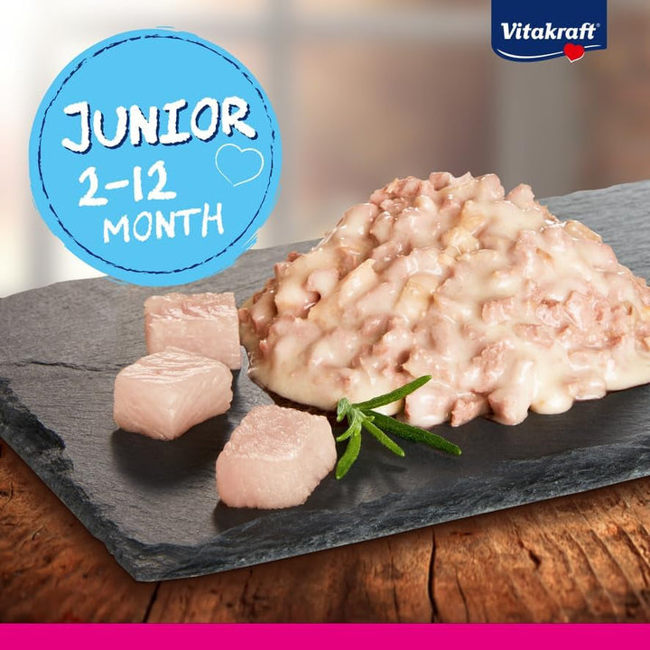 Vitakraft Poésie Délice, Junior, hrană umedă pentru pisici, hrană umedă în sos, cu pui, pentru pisici tinere, fără adaos de zahăr și cereale (1X 85G)