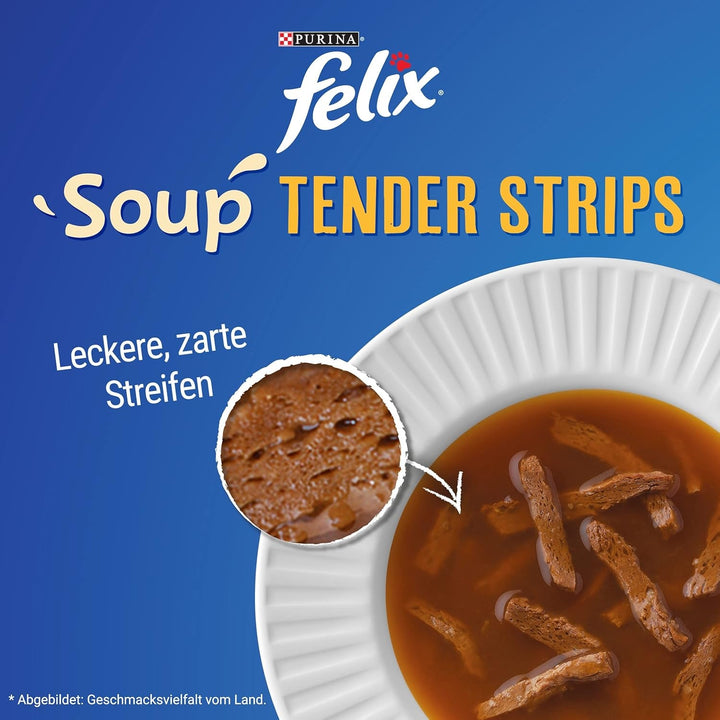 FELIX Soup Tender Strips, supă pentru pisici, varietate de arome de la țară, vită, pui, miel, 8-pachete (8X 6 pachete la 48 de grame)