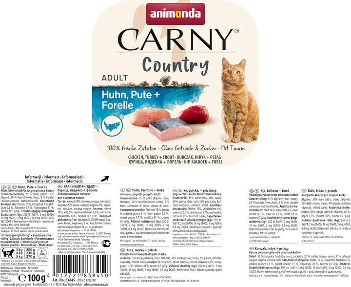 Hrană pentru pisici Adult Country, hrană umedă pentru pisici într-o tavă porționată practică cu pui, curcan + păstrăv, 32 X 100G