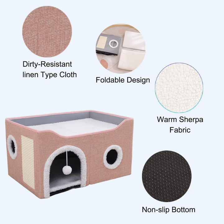 Peșteră pentru pisici, paturi pentru pisici, căsuță pentru pisici, peșteră pliabilă pentru pat de pisică cu scărpinat și minge de joacă, peșteră pliabilă pentru pat de pisică pentru dormit, ascundere, joacă și zgâriat (roz, mediu)